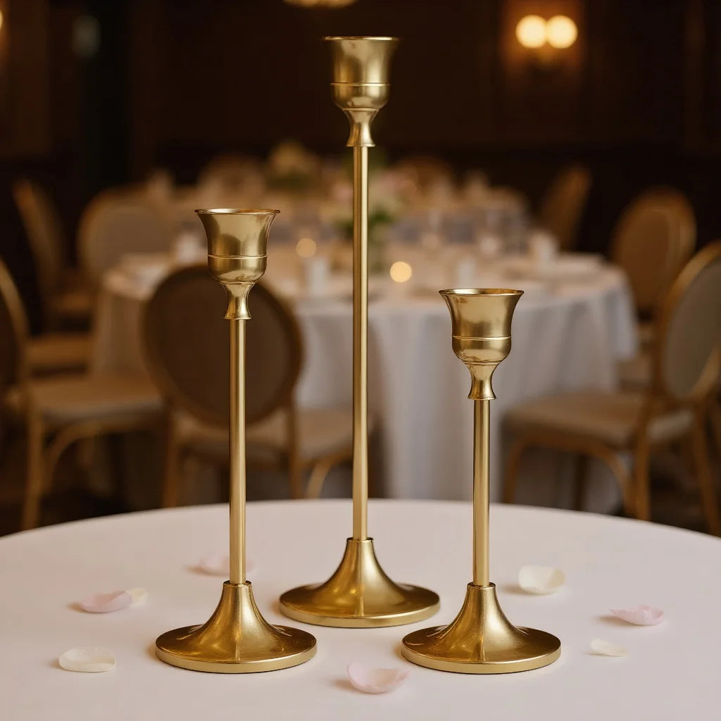 Set de 3 Portavelas Nórdicos Dorados en Metal – Decoración Elegante para Hogar y Eventos Especiales