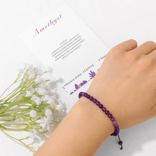 4MM Amethysts Stone Bead Bracelet With Card Natural Carnelian Hematite Amazonite Rope Bangle Simple Jewelry Gift For Women Men