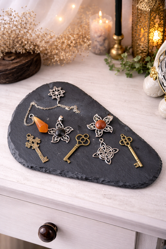 Set de Dijes y Péndulo Espiritual – Llaves, Piedras Naturales y Símbolos Energéticos